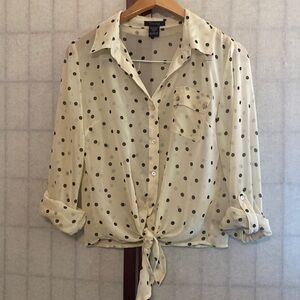 Sheer black and cream, polka dot, button-up blouse. Ladies size Small, Timing’s.